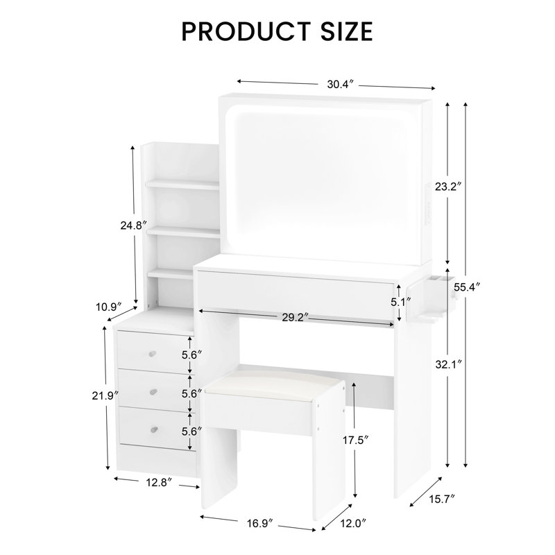 Stylish LED Makeup Vanity With Upholstered Stool, Modern Wood Vanity Table With 4 Drawers, Bedroom Dressing Table With LED-Lit Mirror & Power Outlet & Hairdryer Shelving, 3 Lighting Modes