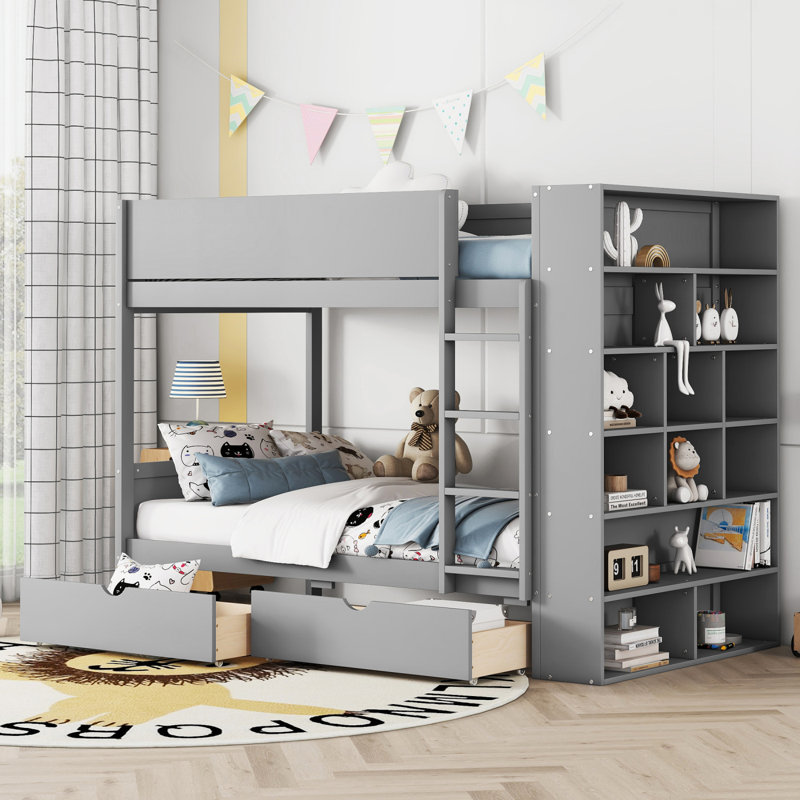 Lit superposé au dessus avec 2 tiroirs et armoire multicouche, Gris
