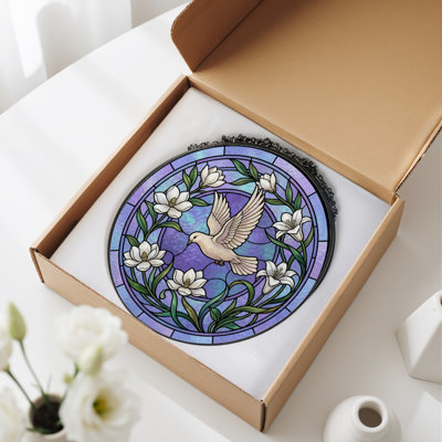 Dove Floral Stained Glass Window Panel，7.8H