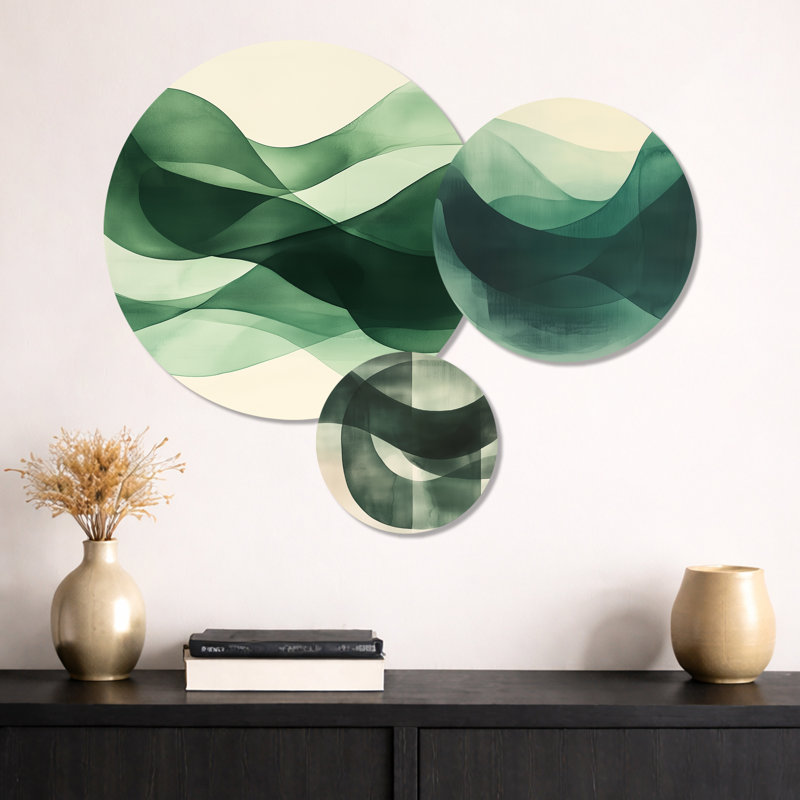 Vert et beige Minimal Curves - Formes abstraites, ensemble de 3 impressions murales en métal