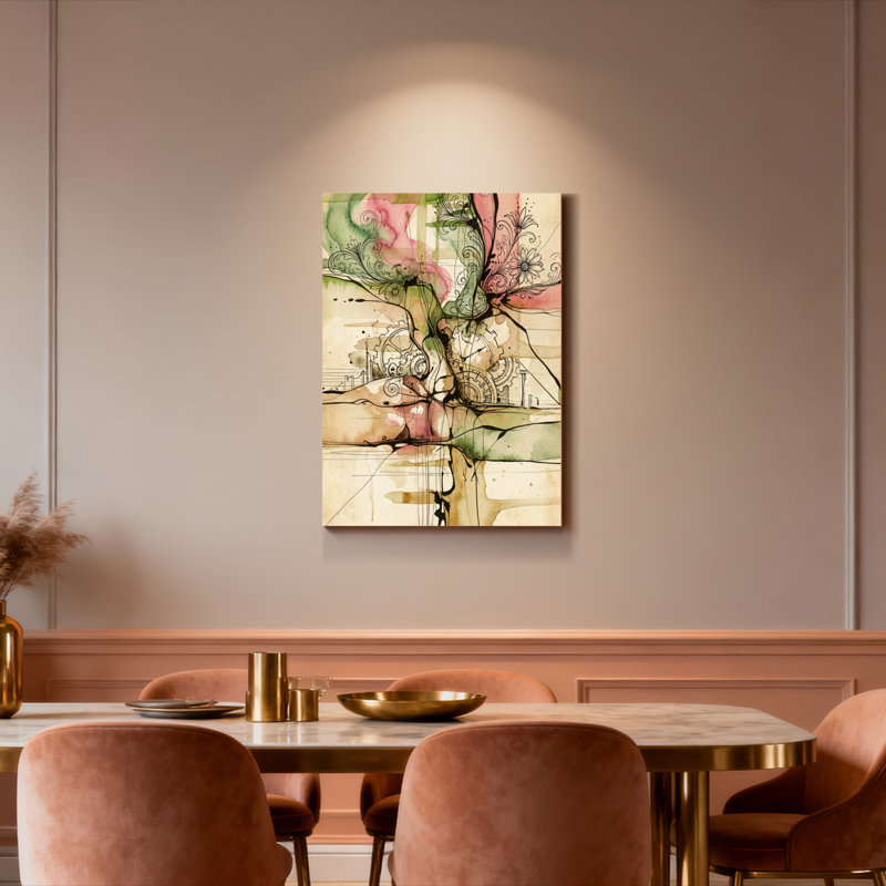 Ensemble de 1 tableau abstrait floral et mécanique sur toile tendue, H 24 po x l 16 po