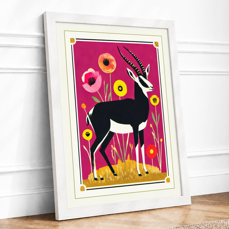 Deer Among Flowers Modern - Single Picture Frame Print, A4 - 29.7 x 21.0 cm, White