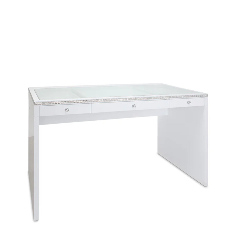 Table de coiffeuse en cristal de qualité supérieure Slay Station Plus, 3 tiroirs avec poignée de style diamant, Blanc