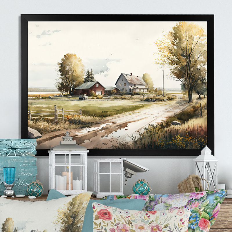 Path to the Barn II - ferme / campagne, art mural sur toile, H 16 po x l 32 po x P 1 po, Cadre noir
