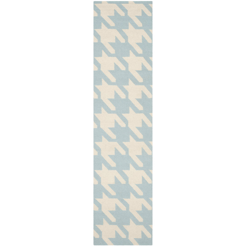Tapis bleu clair / ivoire en laine tissé à la main et à pied-de-poule Mccall, Tapis de couloir 2 pi 6 po x 10 pi