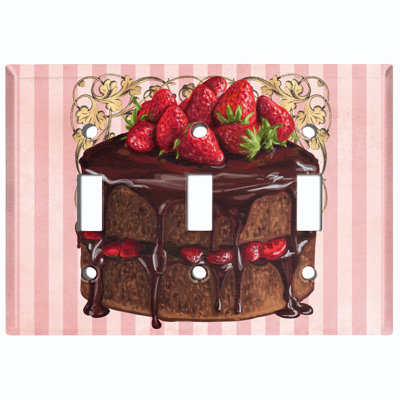 Metal Light Switch Plate Outlet Cover (Strawberry Layered Chocolate Cake Pink Frame Stripes - Single Toggle)