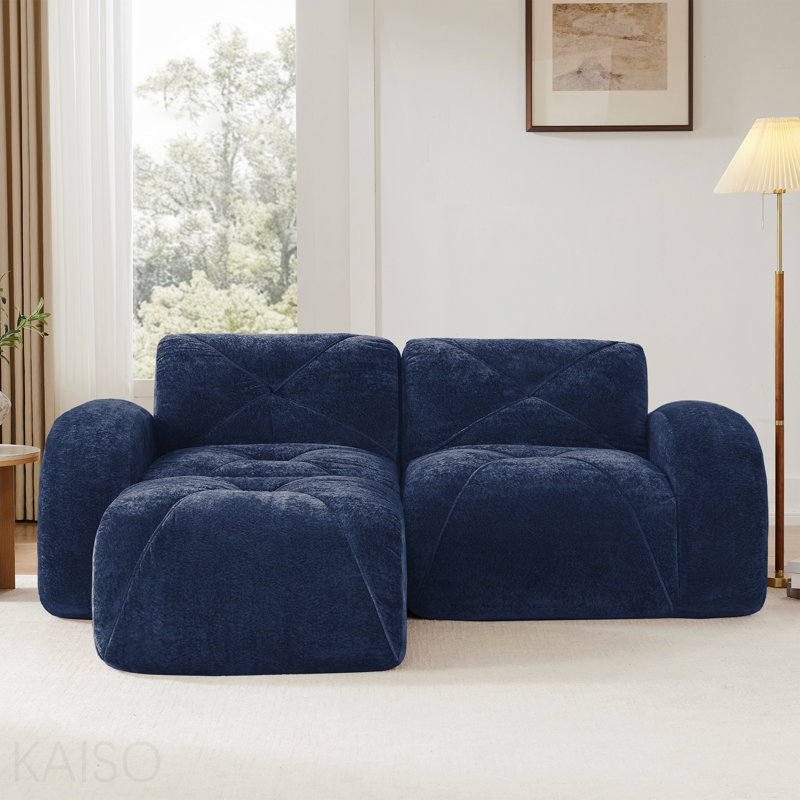 Canapé en L sans os - Velours, capitonné, éponge 32D, ergonomique, antidérapant, repose-pieds - bleu, 80.3" W