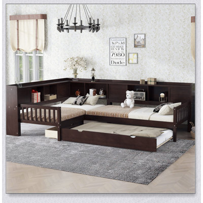 Lit plateforme simple en L avec lit gigogne, tiroirs de rangement et tablettes, sans sommier, conception peu encombrante