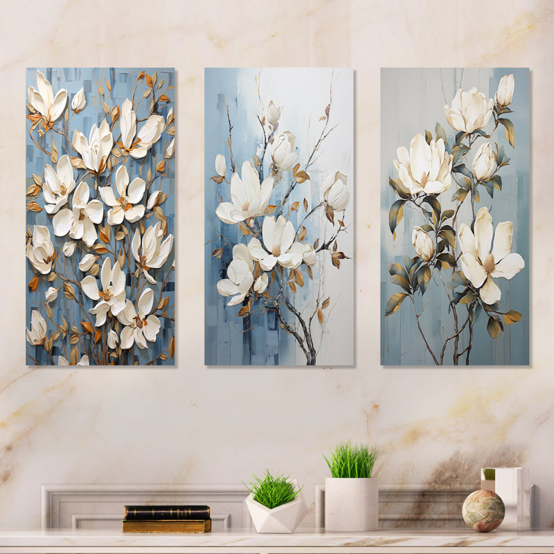 «Magnolias» bleu et doré, ensemble de 3 reproductions d'art en métal, H 28 po x l 36 po
