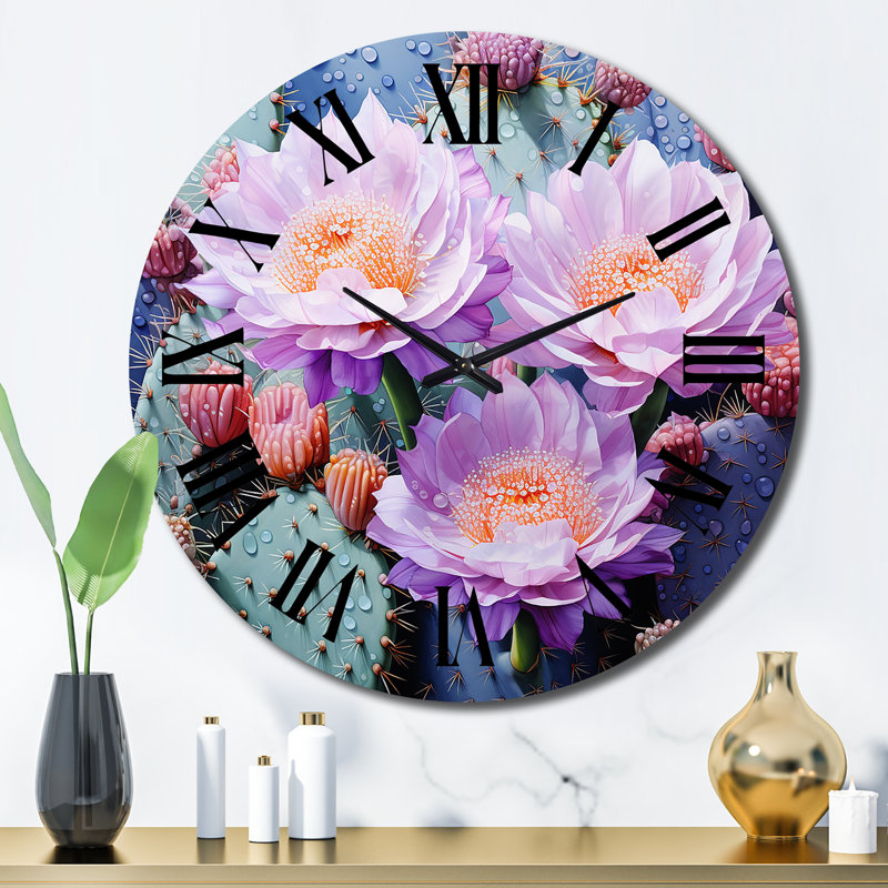 Horloge murale florale cactus rose et vert, Grand