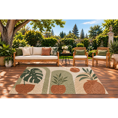 Tapis d'extérieur 152 x 213 cm, motif de plantes en pot modernes avec des courbes douces, tapis bouclé imperméable en PVC, tapis de terrasse résistant à séchage rapide, pour porche, terrasse, balcon ou entrée.