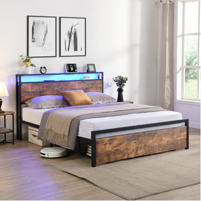 Queen Size Bed Frame With Storage Headboard And 2 Drawers, LED Lights Bed With Charging Station, Metal Platform Bed No Noise -  Ivy Bronx, 386E763894EF4749A80440EE392E4127