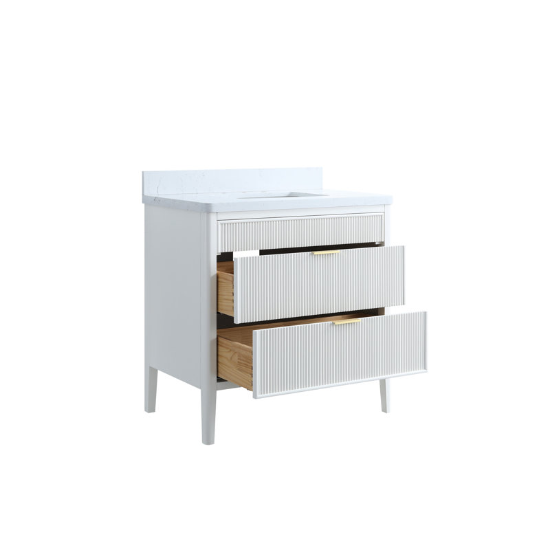 Meuble-lavabo autoportant blanc 36 po avec comptoir en marbre d'ingénierie, bois d'hévéa massif, tiroirs à fermeture en douceur, joints, finition imperméable, 35,1 po de profondeur, 22,01 po de largeur, 36,42 po de hauteur, 159 po