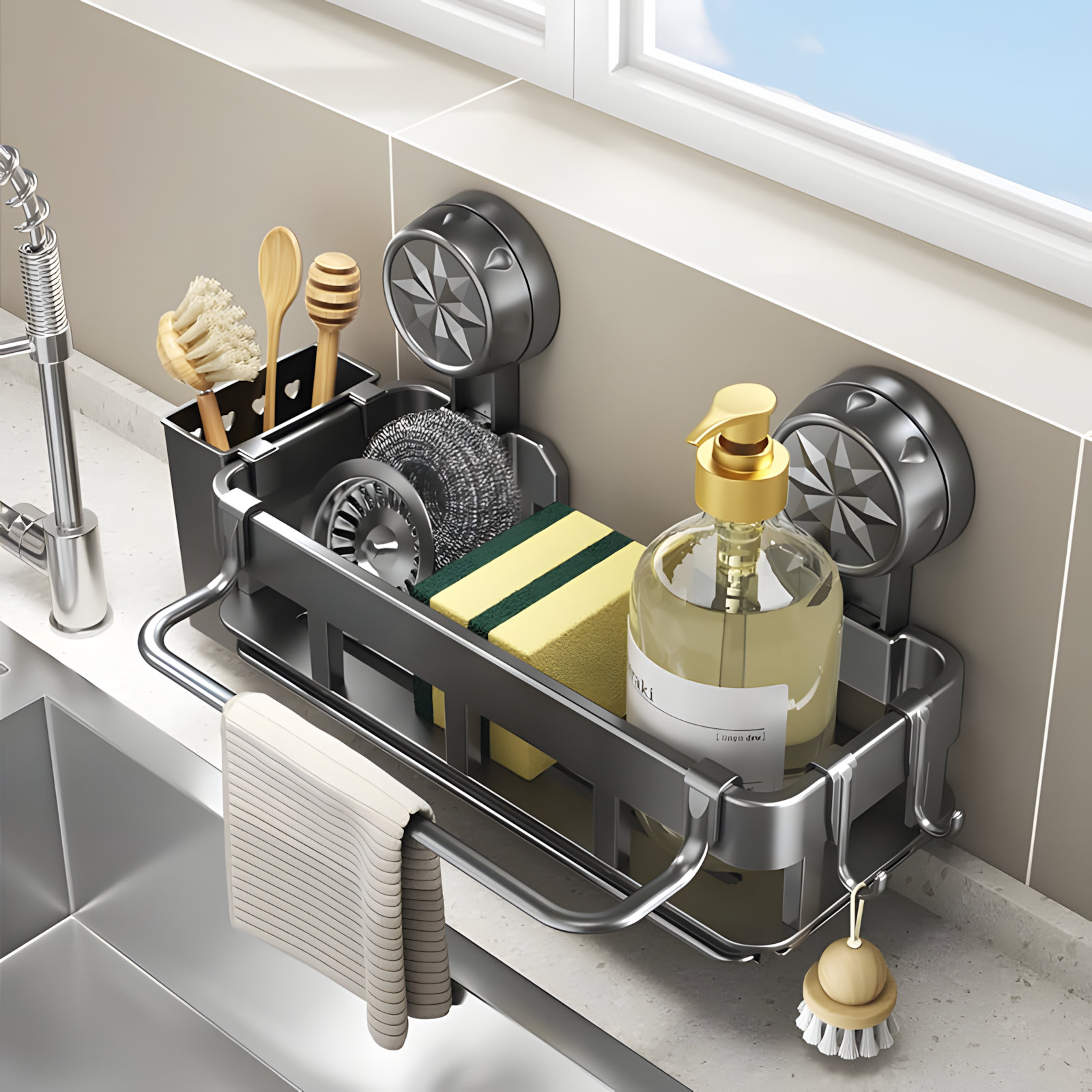 caimen Suction Cup Kitchen Organizer Rack For Sponge And Dish Soap ...