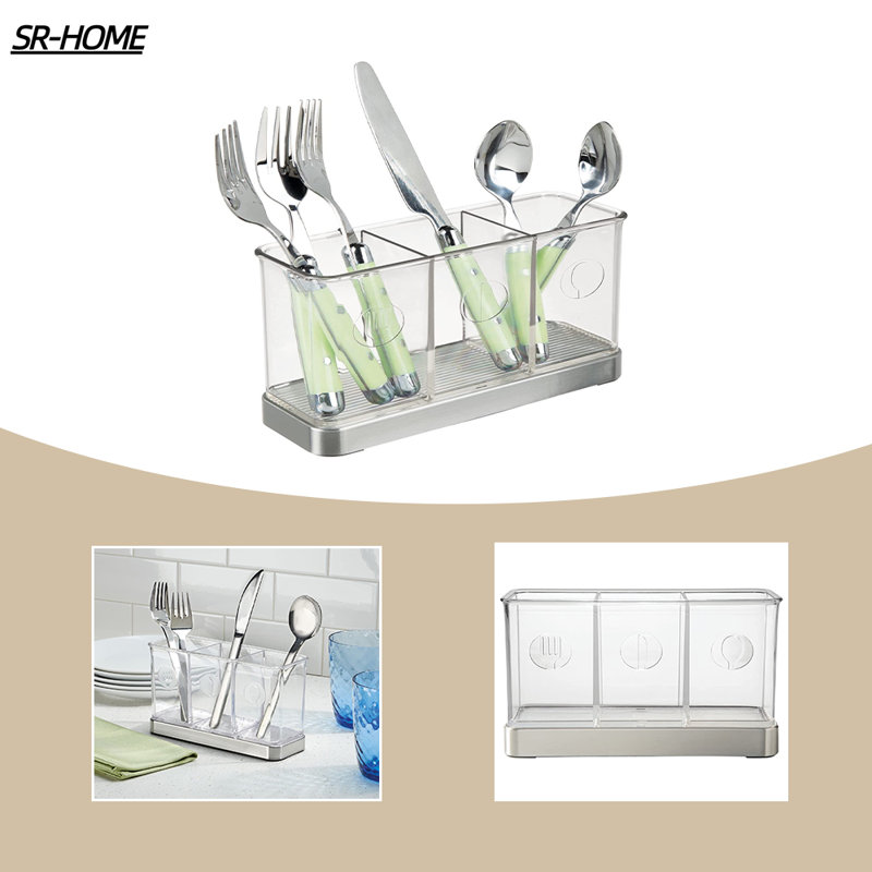 Clear Plastic and Stainless Steel Utensil Holder with 3 Compartments