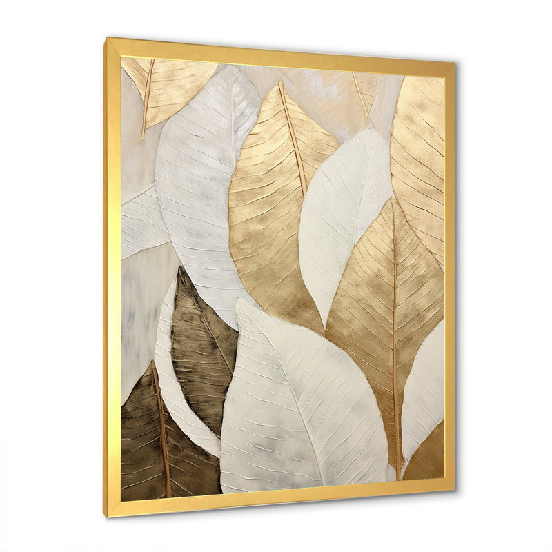 «Gold Minimalisme Leaves Collage III - Leaves», reproduction d'art sur toile encadrée, H 32 po x l 16 po x P 1 po