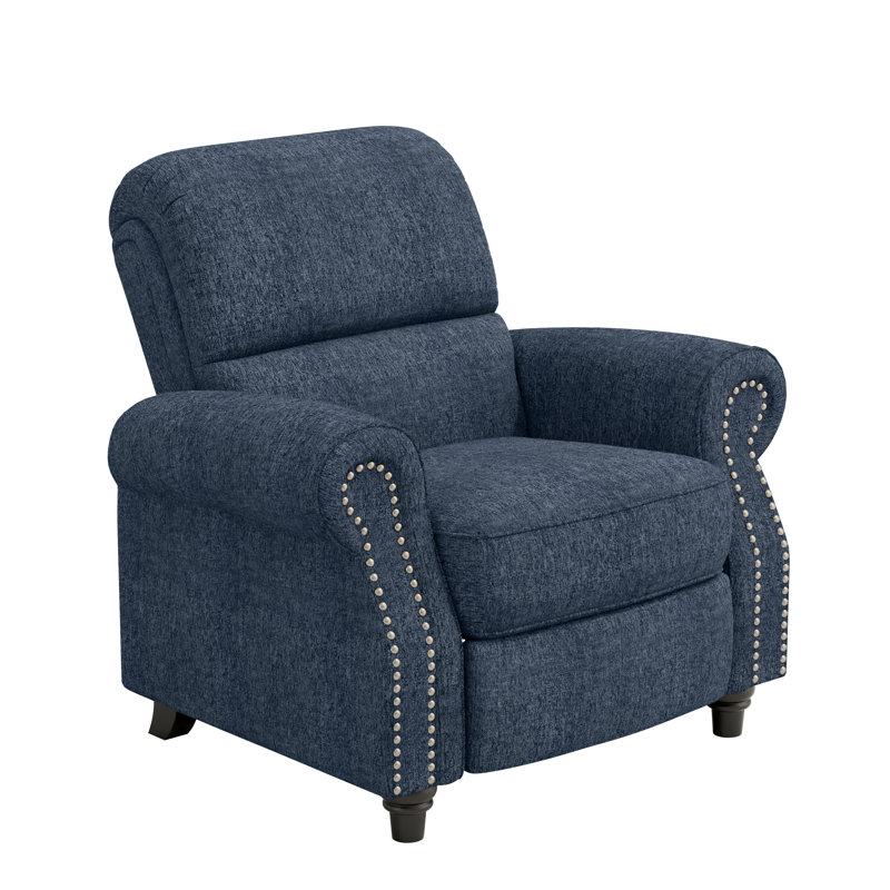 Bustle-Back Pushback Recliner Chair with Nailhead Trim in Chenille, Blue