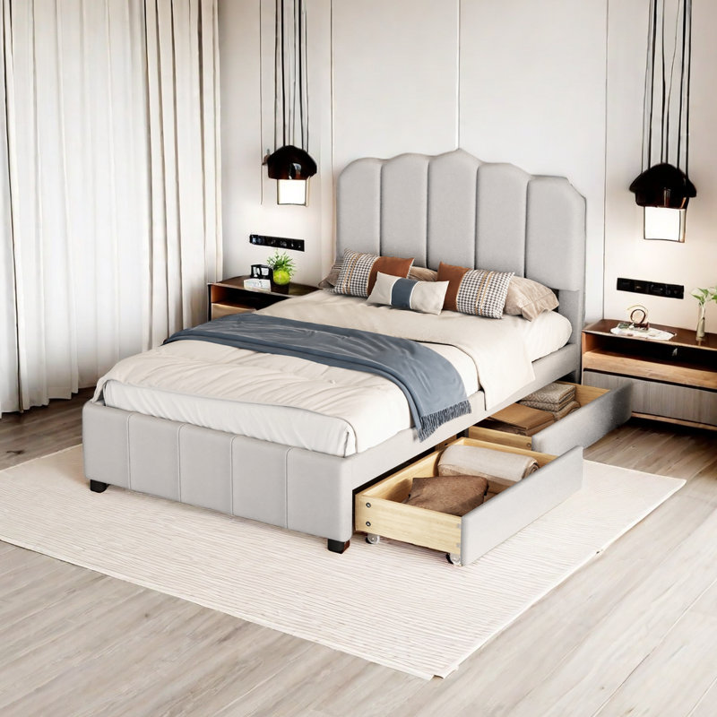 Saiquan Upholstered Bed with Drawers, Full, Beige