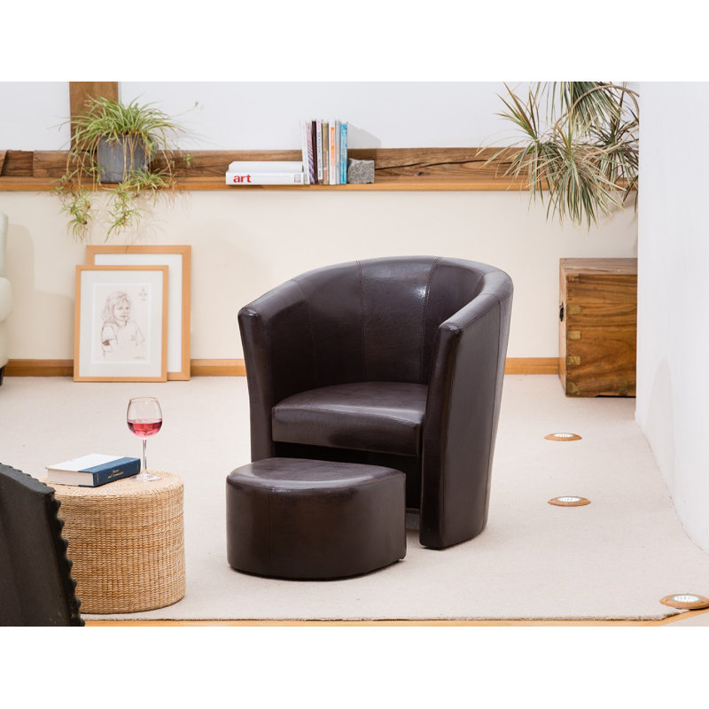 Hicks Faux Leather Barrel Chair With Footstool, Brown