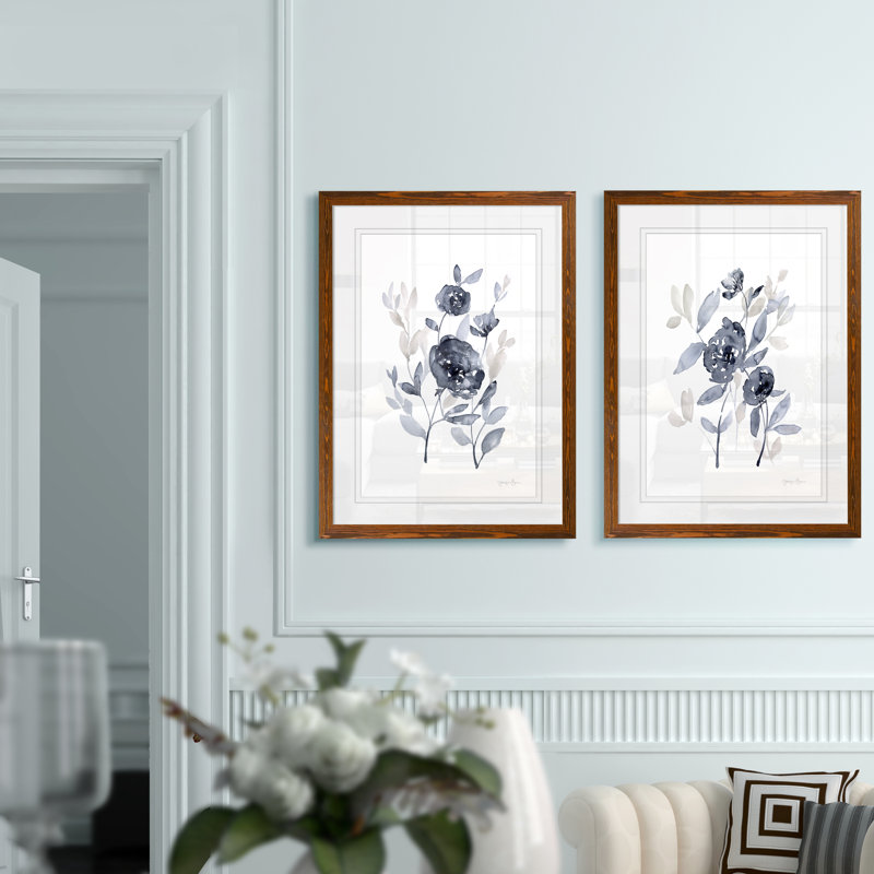 Pivoines en gris - ensemble de 2 reproductions d'art encadrées, H 24 po x l 18 po, Impression encadrée avec passe-partout