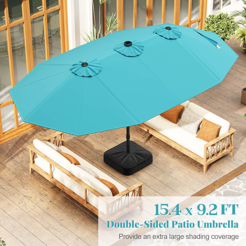 15 ft lighted patio umbrella Large with 36 Solar LED Light, Double Sided Rectangle Umbrella with Crank Handle for Patio, Backyard, Garden, Pool, without Base Patio umbrella provides expansive 15ft shade Toject 15ft Large Patio Umbrella