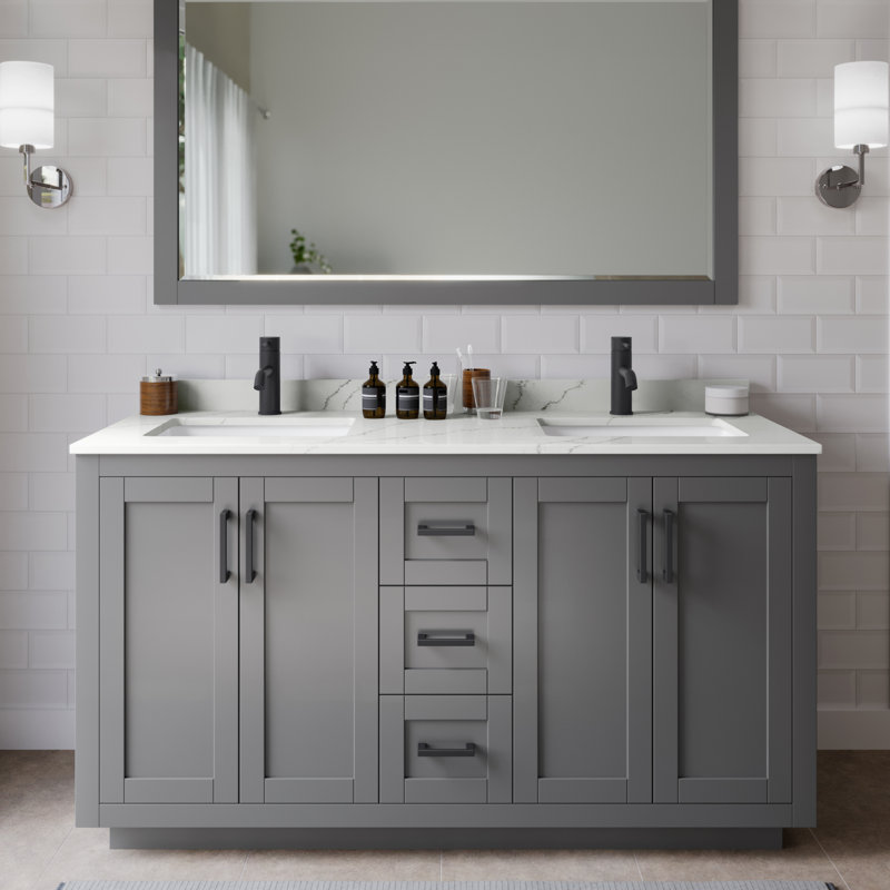 Miranda 60" Freestanding Double Bathroom Vanity with Quartz Top, Giotto Quartz, Dark Gray, Matte Black