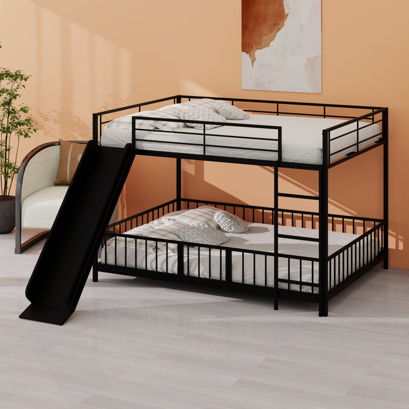 Structure de lit superposé en métal robuste avec glissière intégrée, échelle, clôture et porte, Noir