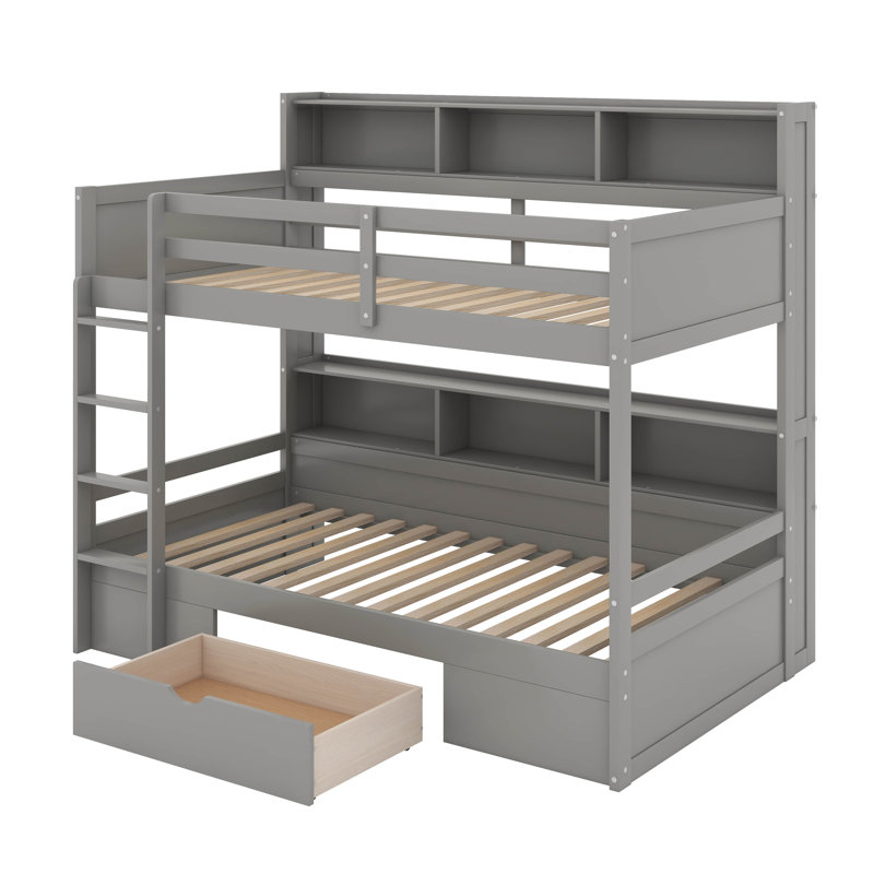 Lit superposé simple avec tablettes intégrées et tiroir, Gris