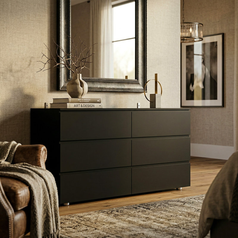 Commode 6 tiroirs avec rangement solide, Noir
