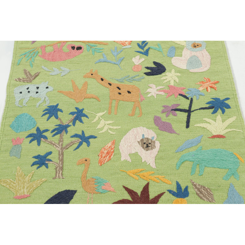 Rug & Kilim’S Suzani-Inspired Kilim Runner, Vibrant Animal Pictorials In Green