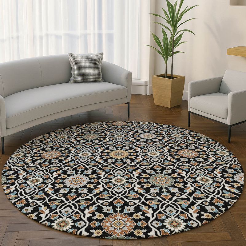 Premium Machine Washable Mayfield AMF2199 panel Rug, Black, 8' Round