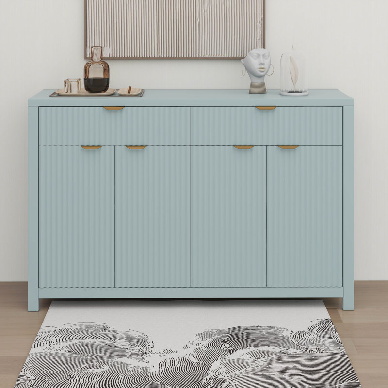 Buffet moderne à motif de vagues avec 2 tiroirs et 4 portes, 3 tablettes réglables, Cyan