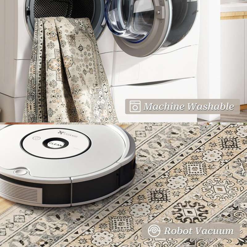 Medallion Non Slip Washable Rug(Beige), Rectangle 2' x 3'