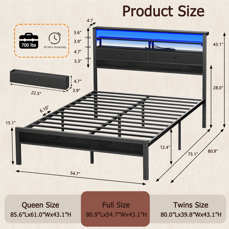 Full Bed Frame With LED Lights, Platform Bed With Headboard, Charging Station, Black, Full
