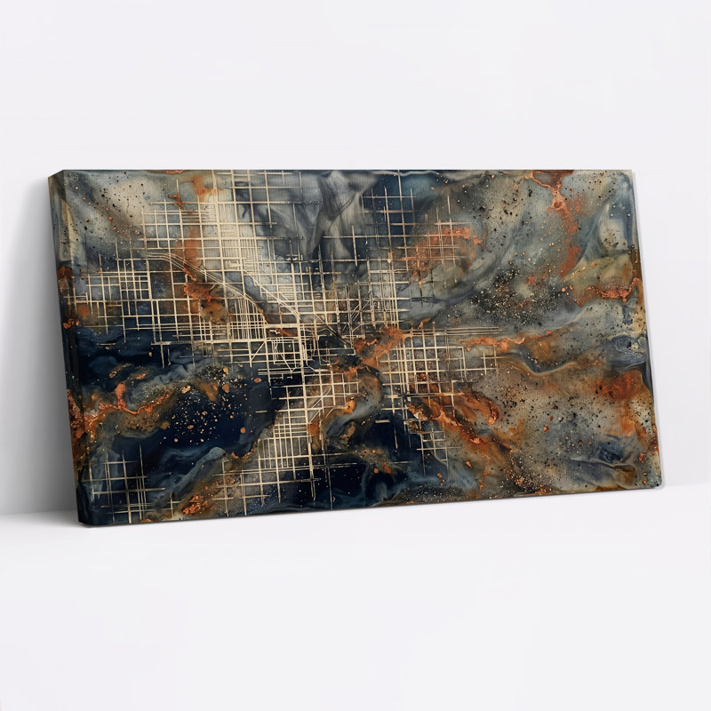 Tableau sur toile abstrait en résine bleue et rouille, style grille et rouille, 58“W x 28”H