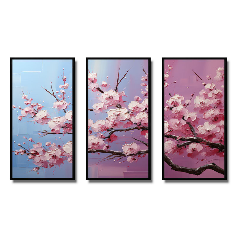 «Pink Whispering Cherry Blossoms I», art mural fleurs, H 40 po x l 60 po x P 1 po, Cadre flottant noir