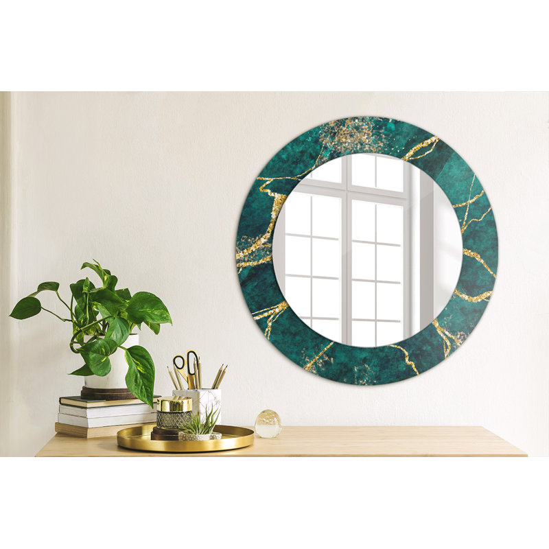 Huldar Glass Flat Mirror, 50cm H x 50cm W, Golden Malachite Green Marble