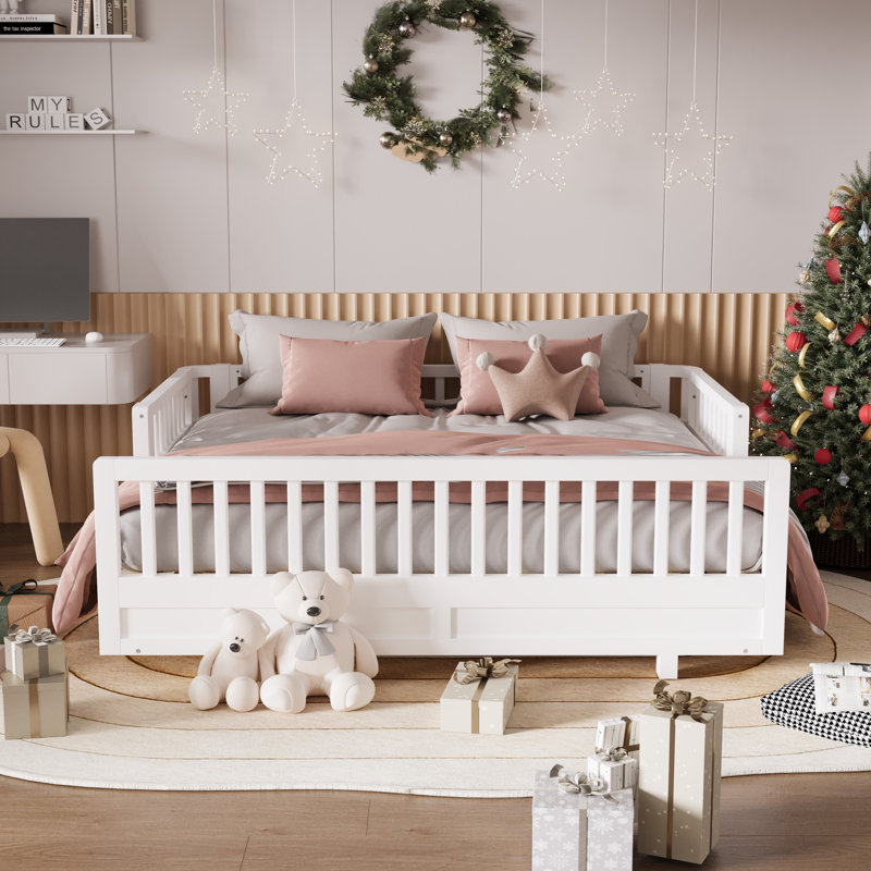 Twin Size Solid Wood Platform Bed With Guardrails,Convertible Twin Beds, White