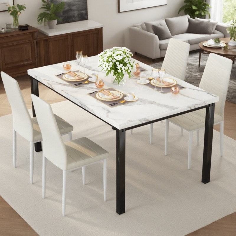 Ensemble de table de salle à manger moderne pour 4 personnes, ensemble de table et de chaises en simili marbre peu encombrant avec chaises à rayures horizontales, ensemble de salle à manger 5 pièces pour la salle à manger, cuisine