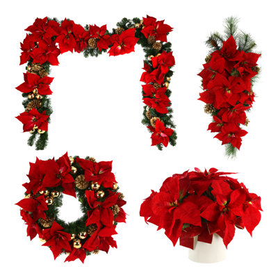 Gala Handcrafted Faux Poinsettia Polysilk 26'' Wreath