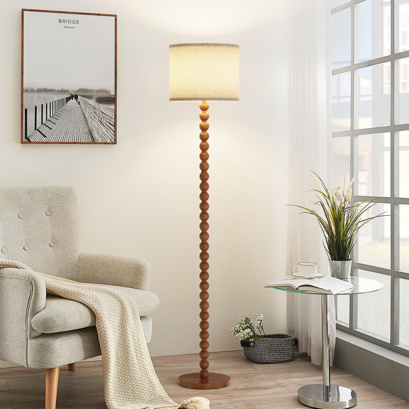 Solid Wood Traditional Floor Lamp With Beaded Column,  Include 3-color Bulb, Brown