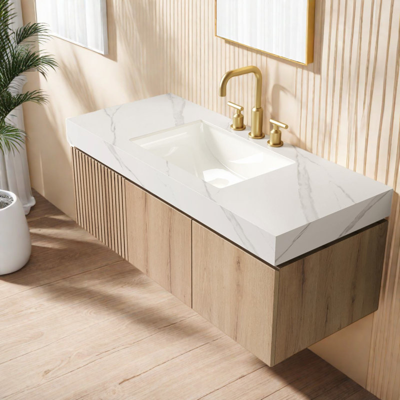Meuble-lavabo moderne, lavabo et armoire 48 po, chêne blanc et pierre de Carrare