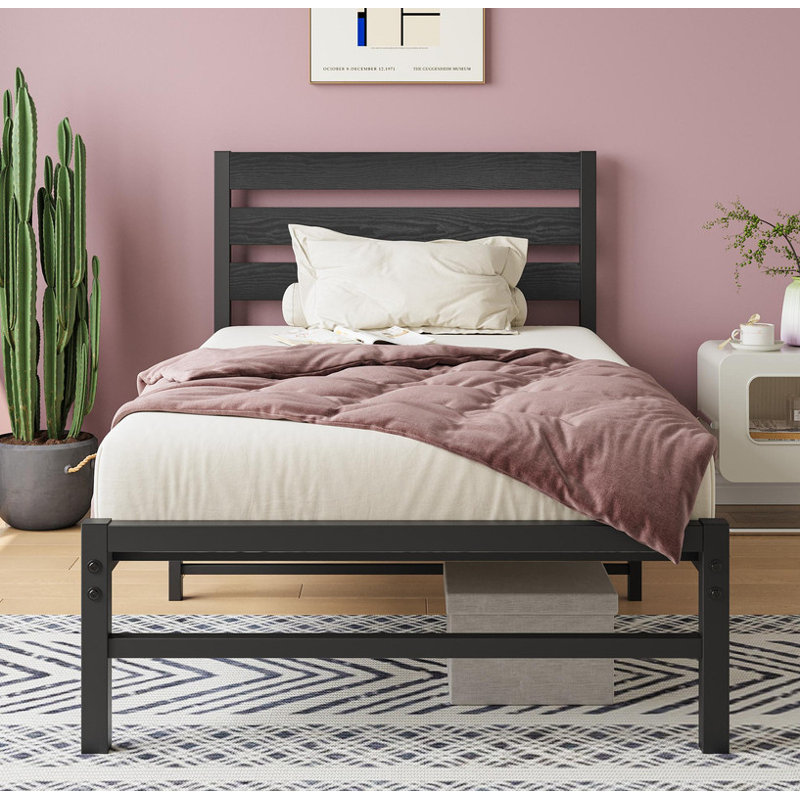 Platform Bed with Rustic Wood Headboard Metal Bed Modern Bed, Twin, Black