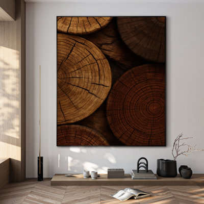 Très grande reproduction d'art sur tissu - Anneaux en bois rustique décorés en gros plan pour le salon ou la chambre à coucher - «Assemblage requis du cadre (cadre non fini)»
