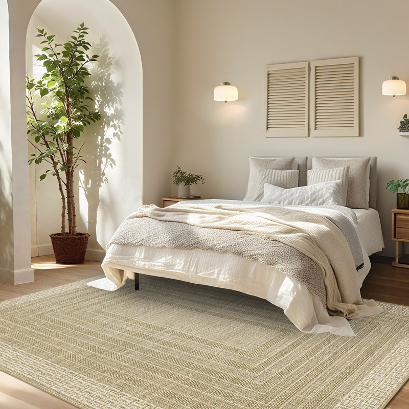 Modern Machien Washable Rugs for Living Room Soft Geometric Bordered Indoor Rug, Non Shedding Low Pile Bedroom Carpet, Contemporary Floor Mats for Nursery