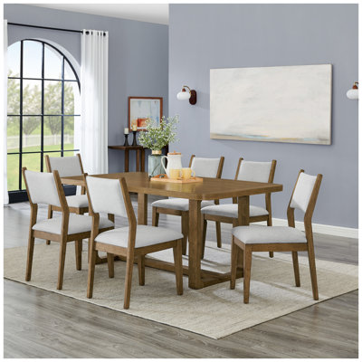Parker 7-Piece Dining Set with Trestle Table and 6 Upholstered Chairs - Light Oak and White Finish