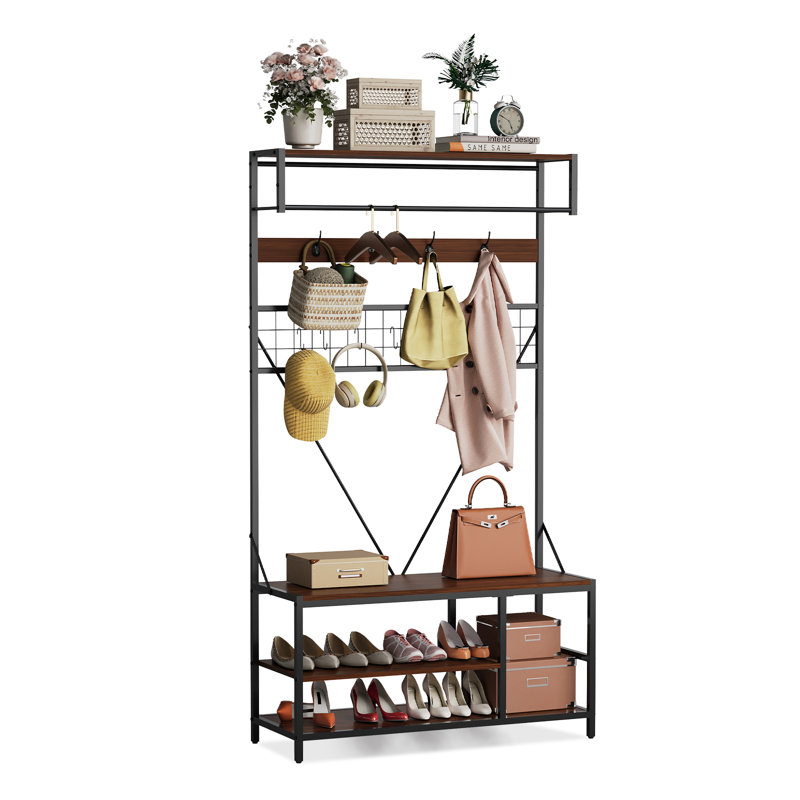5 in 1 Hall Tree with Bench and Shoe Storage, 39" Entryway Coat Rack with Shoe Bench, Adjustable Shelf, Hanging Rod & 9 Hooks, Coat and Shoe Rack