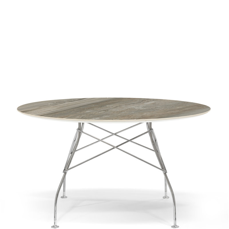 Glossy Round Dining Table, 50.39" W x 50.39" L, Chrome, Symphonie Marble