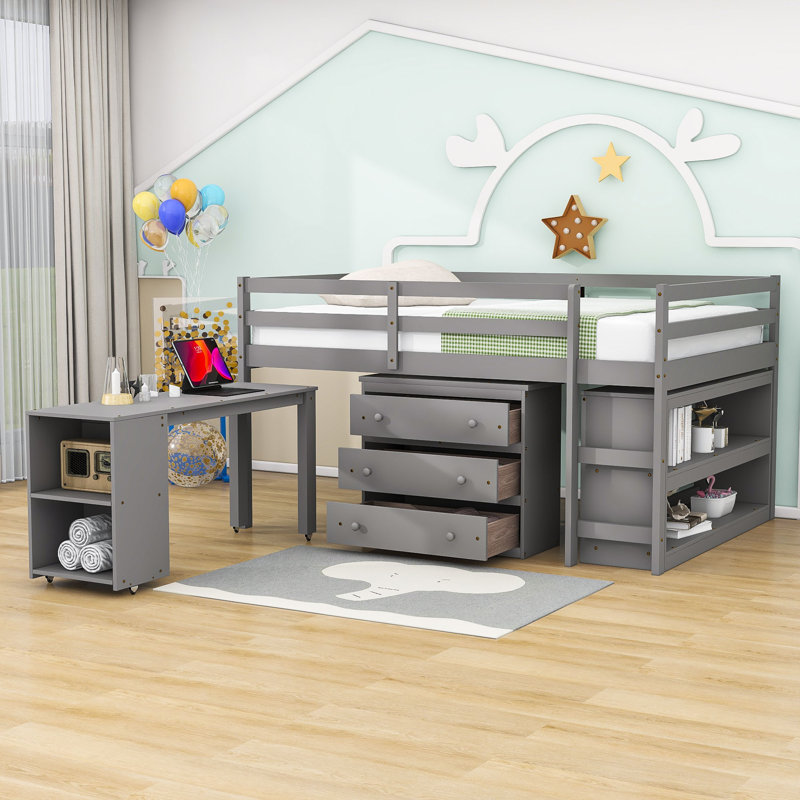 Esperio Kids Full Loft Bed with Drawers, Gray