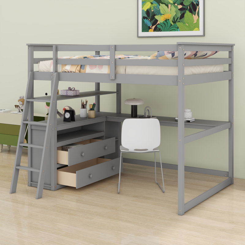 Lit mezzanine avec bureau et tablettes, tiroirs, Gris